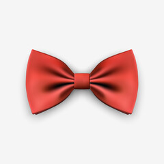 Vector 3d Realistic Red Bow Tie Icon Closeup Isolated on White Background. Silk Glossy Bowtie, Tie Gentleman. Mockup, Design Template. Bow tie for Man. Mens Fashion, Fathers Day Holiday