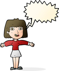 cartoon excited woman with speech bubble