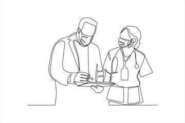 continuous line drawing of doctor and nurse wearing masks