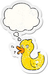 cartoon quacking duck with thought bubble as a distressed worn sticker