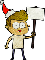 hand drawn textured cartoon of a staring man wearing santa hat