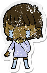 distressed sticker of a cartoon woman crying