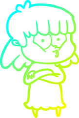 cold gradient line drawing of a cartoon whistling girl