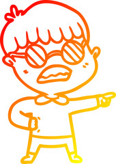 warm gradient line drawing of a cartoon pointing boy wearing spectacles