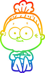 rainbow gradient line drawing of a cartoon happy old woman
