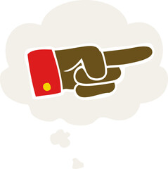 cartoon pointing hand with thought bubble in retro style