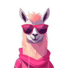 Pink lama in sunglasses, cartoon flat isolated on white background. Vector illustration © Bamby