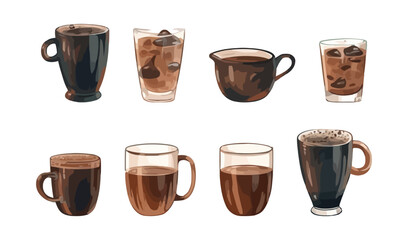 Set of glasses and mugs with coffee, flat cartoon isolated on white background. Vector illustration