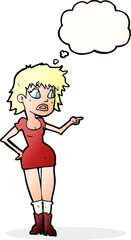 cartoon worried woman in dress pointing with thought bubble