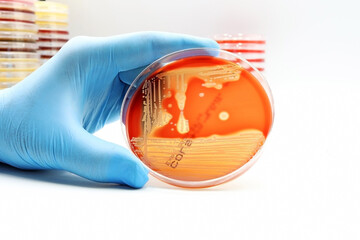 Microbiology. A Petri plate of Methicillin-resistant Staphylococci MRSA bacteria, a Superbug 