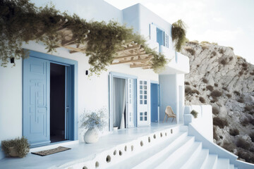Mediterranean style white elegant house exterior with blue door and window. Modern greek architecture. Traditional villa of Santorini. 6K high definition. Generative AI, human enhanced