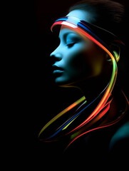 Obraz premium Schönes Frauen Gesicht mit futuristischen Elementen intigriert, ai generativ