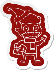 quirky cartoon  sticker of a man with mustache and christmas present wearing santa hat