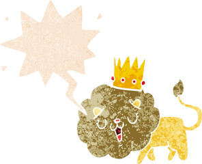 cartoon lion with crown with speech bubble in grunge distressed retro textured style