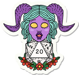 sticker of a tiefling with natural twenty dice roll