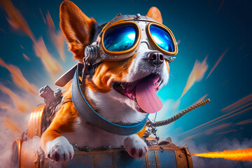 Illustration of dog pilot in fighter plane. dog pilot in aviator goggles. Generative AI