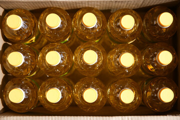 many bottles of sunflower oil background