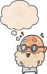 cartoon surprised old man with thought bubble in grunge texture style