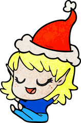 happy hand drawn textured cartoon of a elf girl sitting wearing santa hat