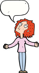 cartoon curious woman looking upwards with speech bubble