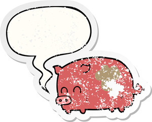 cute cartoon pig with speech bubble distressed distressed old sticker