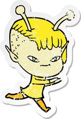 distressed sticker of a cute cartoon alien girl