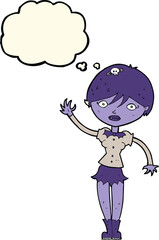 cartoon vampire girl waving with thought bubble