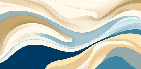 Naklejka premium Blue, white a nd yellow gold abstract patter with wavy lines and dots. pastel colors.