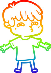 rainbow gradient line drawing of a cartoon man confused