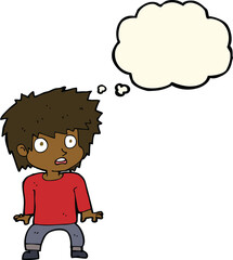 cartoon frightened boy with thought bubble