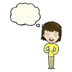 cartoon happy woman with thought bubble