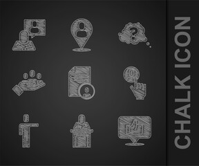 Set Resume, Speaker, Hand like, Head hunting, for search people, Question mark and icon. Vector