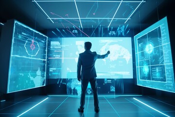 Businessman in VR Glasses Harnessing Blockchain and Cyber Technology. AI Generated.