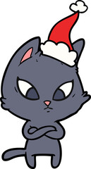 confused hand drawn line drawing of a cat wearing santa hat