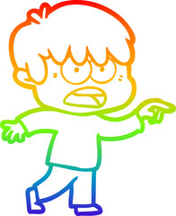 rainbow gradient line drawing of a worried cartoon boy