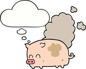 cartoon smelly pig with thought bubble