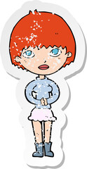 retro distressed sticker of a cartoon woman waiting patiently