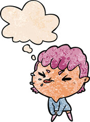 cartoon rude girl with thought bubble in grunge texture style