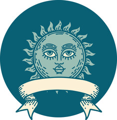 tattoo style icon with banner of a sun with face