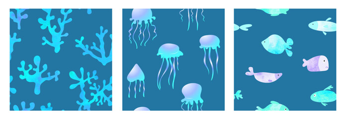 Set of sea patterns with corals, jellyfish and fish. Vector illustration. Nautical design for fashion, fabric, textiles, wallpaper, packaging and all prints.