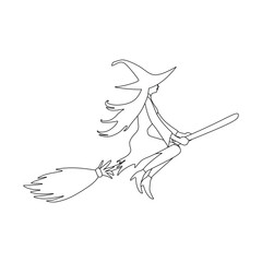 continuous line drawing of a witch flying on a broomstick.