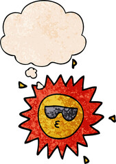 cartoon sun with thought bubble in grunge texture style