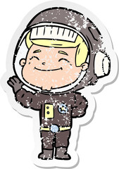 distressed sticker of a happy cartoon astronaut
