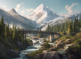 A captivating view of a charming bridge above a river spanning a gorge in the heart of a mountain landscape, creating a beautiful harmony between human ingenuity and the rugged grandeur of nature.