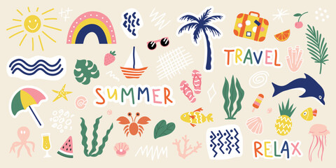 Obraz na płótnie Canvas Hand drawn summer design elements. Collection of cute stickers for covers, scrapbooking, home decor and more.Vector illustration.