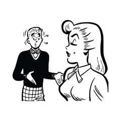 Vector illustration of a woman talking with a waiter. Hand drawing.