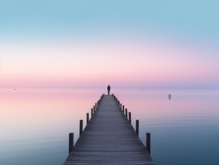 Naklejka na ściany i meble Lone figure standing on a very unusual long pier at sunrise.