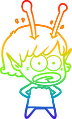 rainbow gradient line drawing of a cartoon shocked alien girl