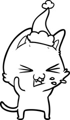 hand drawn line drawing of a cat hissing wearing santa hat