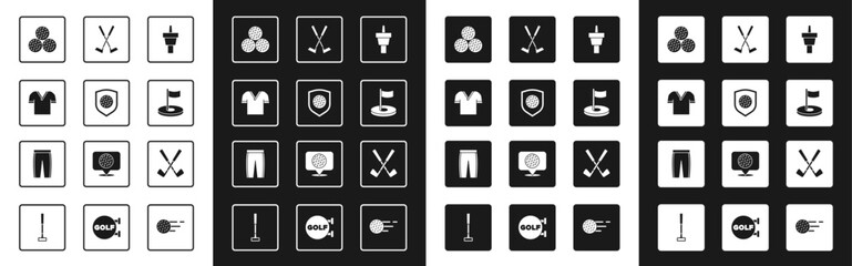 Set Golf tee, ball with shield, shirt, hole flag, Crossed golf club, and pants icon. Vector